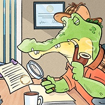 A detective alligator poring over the rulebook