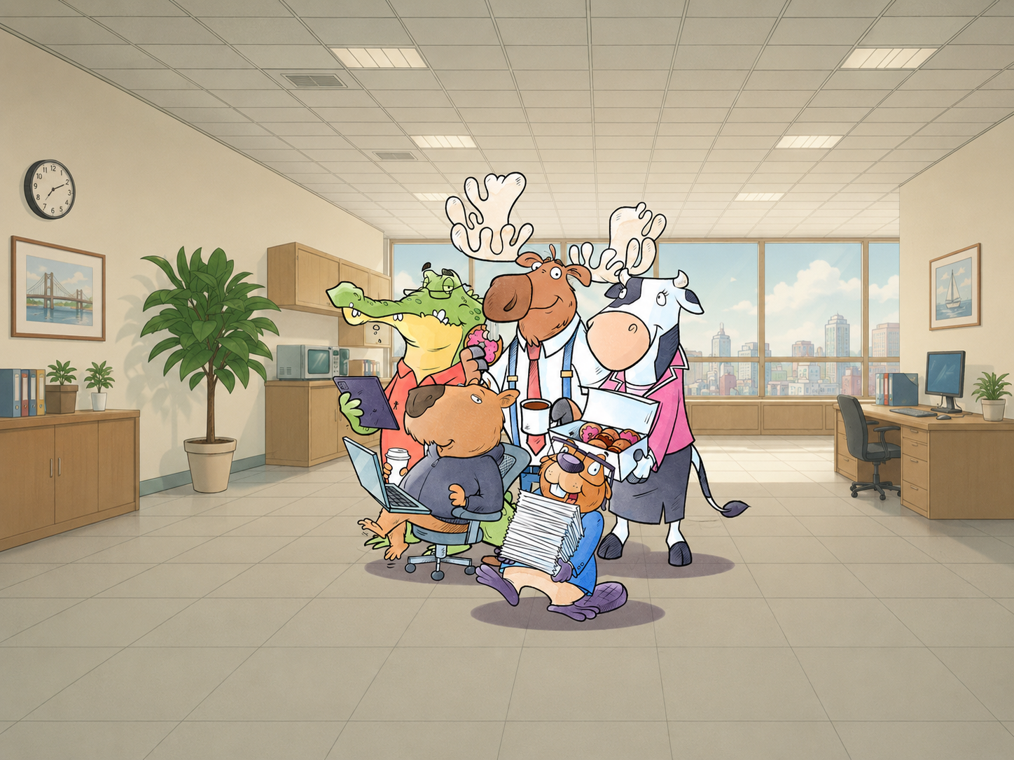 The Boost CCG crew, crocodile, moose, cow, capybara and beaver, hanging out in their office